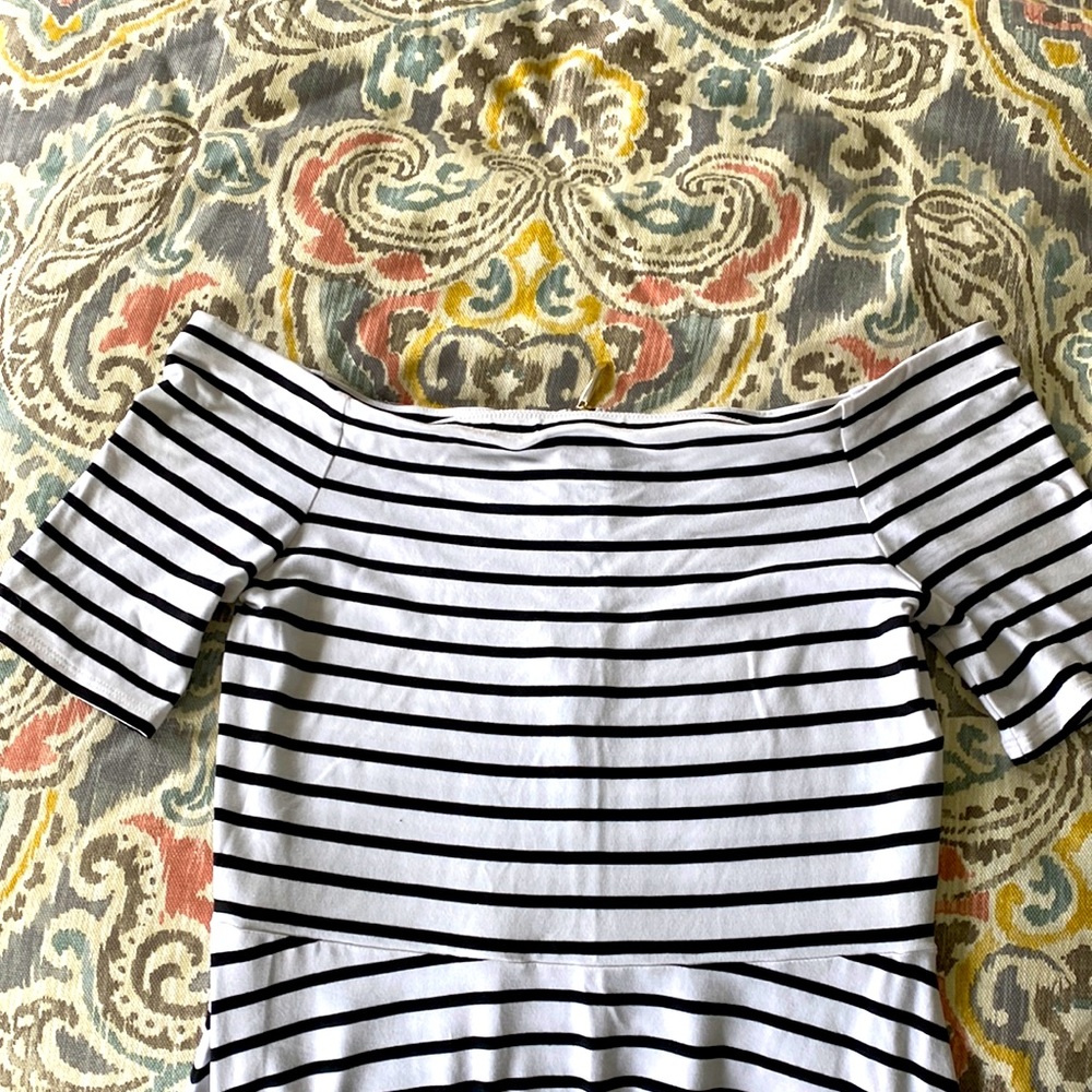 Off-the-Shoulder Black and White Striped WHBM Dress